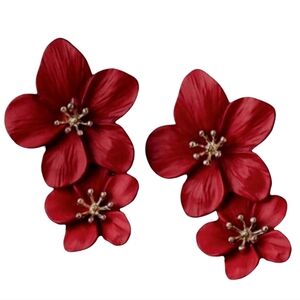 Big Red Double Flower Christmas Earrings 3D Hibiscus Statement Flowers Bohemian